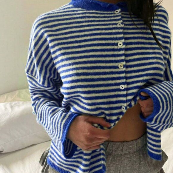 Casual Women's Vivid Style Street Loose Striped Knit Cardigan Sweater - Picture 6 of 10